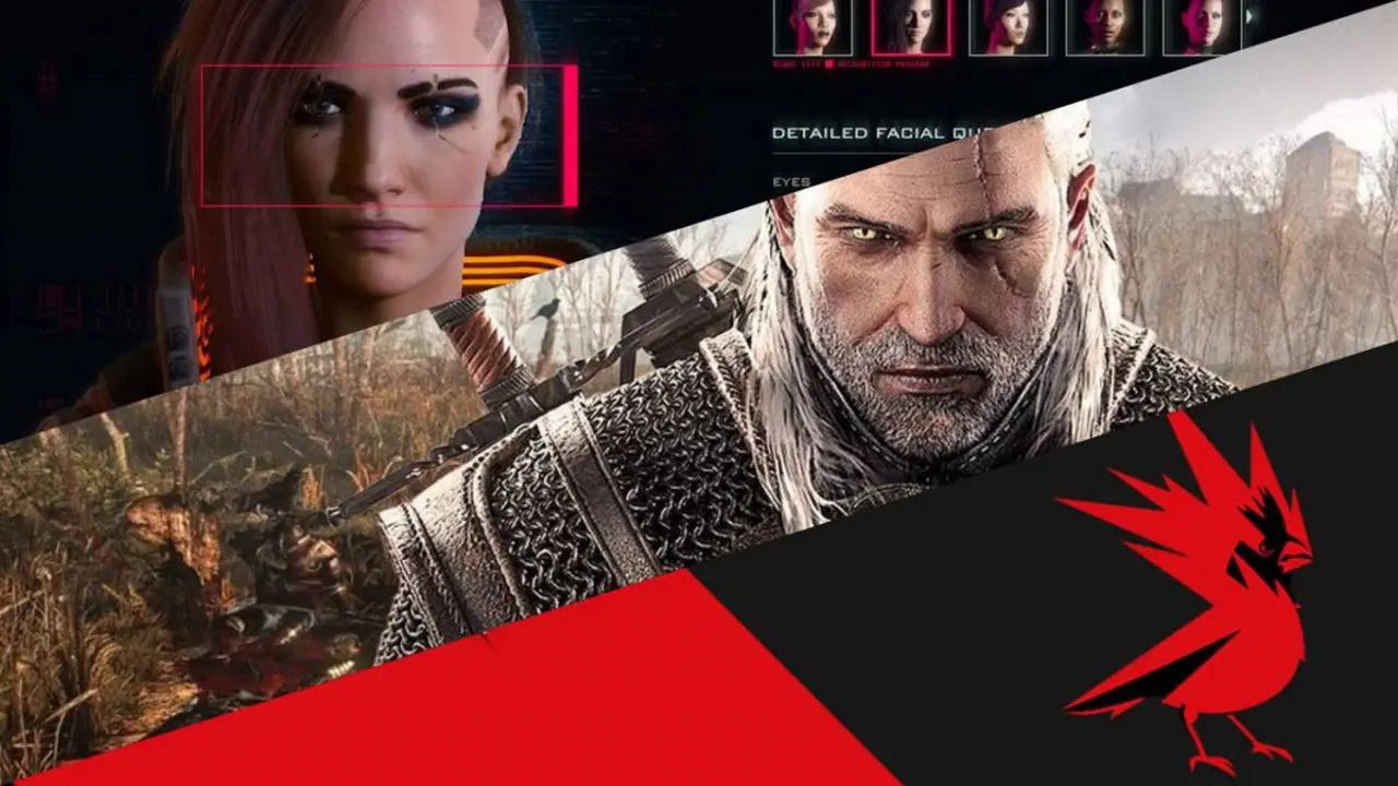 Imagem com os jogos da CD Projekt Red, incluindo V feminina de Cyberpunk 2077 e Geralt de The Witcher 3