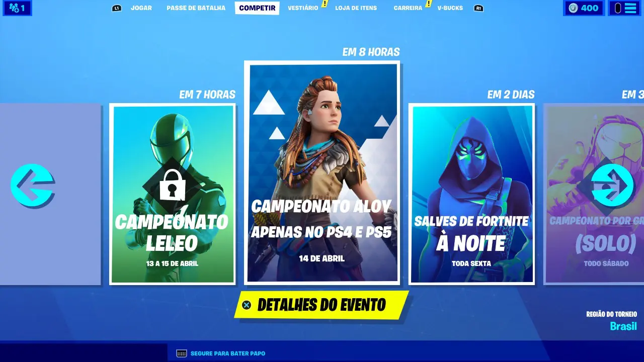 Campeonato Aloy - Fortnite - Aba de competições do Fortnite, evento começará às 18 horas do dia 14 de abril.