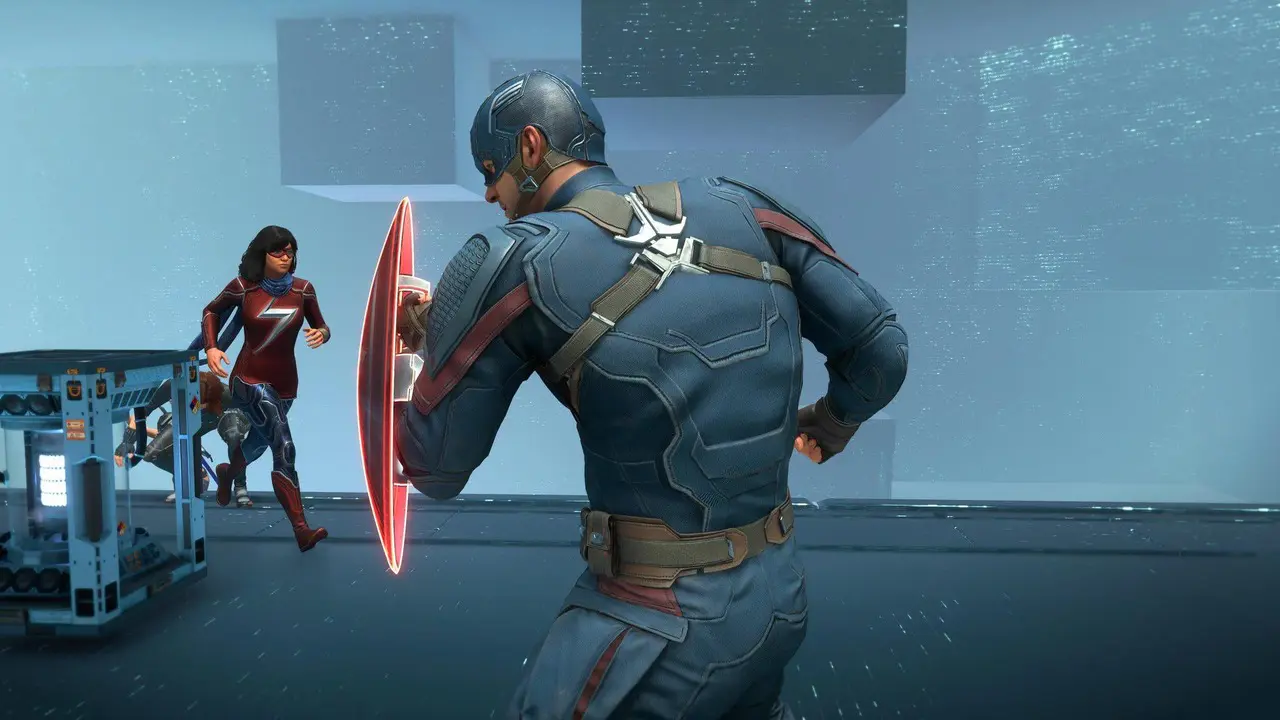 Imagem do Capitão América em Marvel's Avengers parado se defendendo com seu escudo