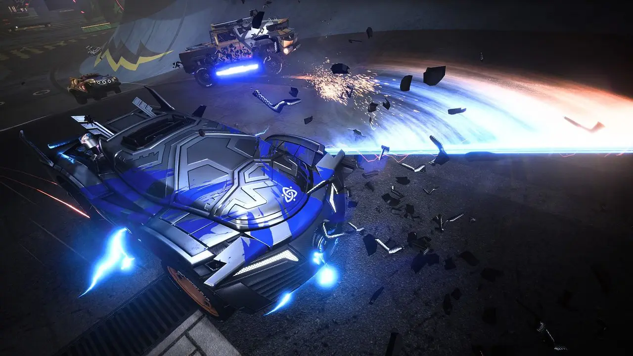 Imagem do veículo da nova personagem de Destruction AllStars soltando laser em sua volta
