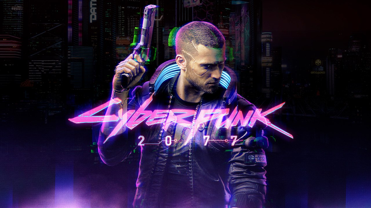 Imagem de capa do protagonista de Cyberpunk 2077 segurando uma arma com a logo do jogo no meio