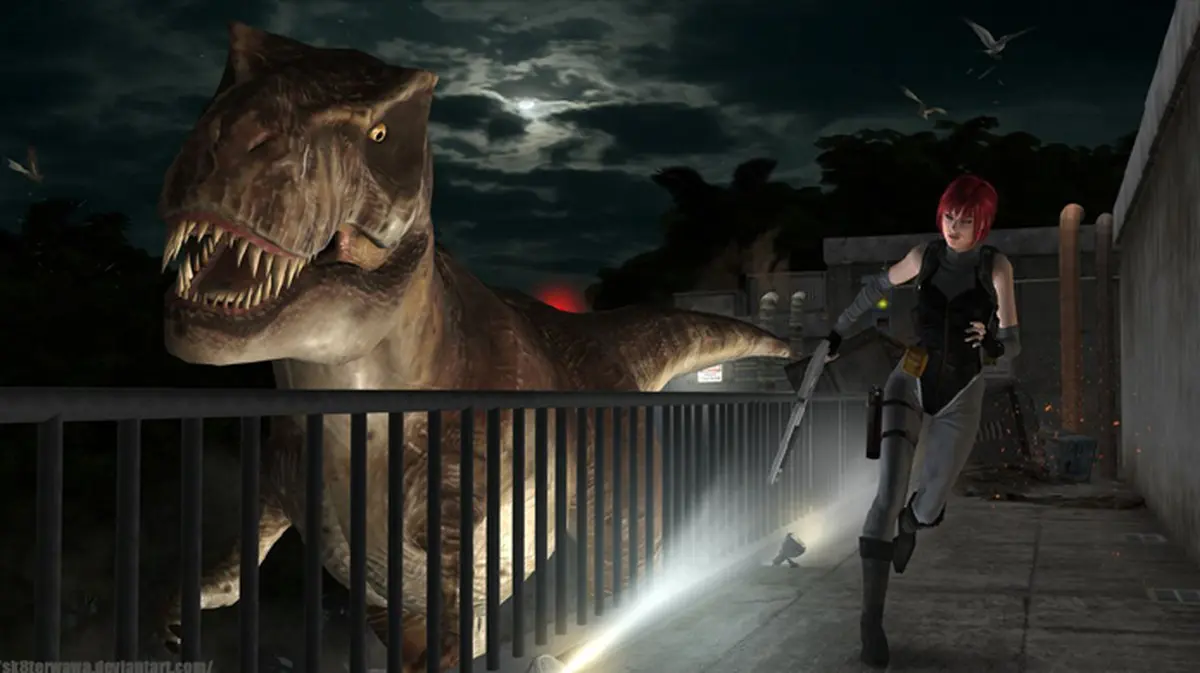 Regina de tenta escapar de um dinossauro em Dino Crisis