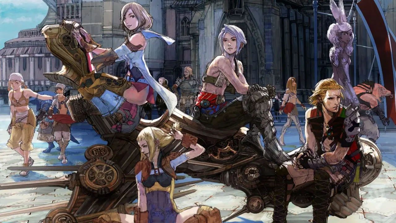 Imagem conceitual de Final Fantasy XII, jogo de PlayStation 2, com vários personagens do game sentados em uma espécie de veículo steampunk.