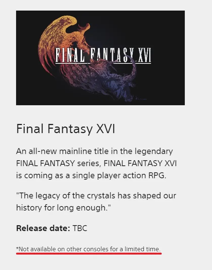 Informações sobre Final Fantasy XVI no site oficial da PlayStation