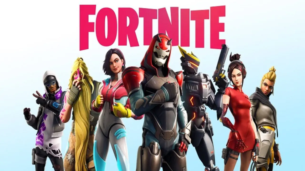 Várias skins de Fortnite e a logo do game em cima