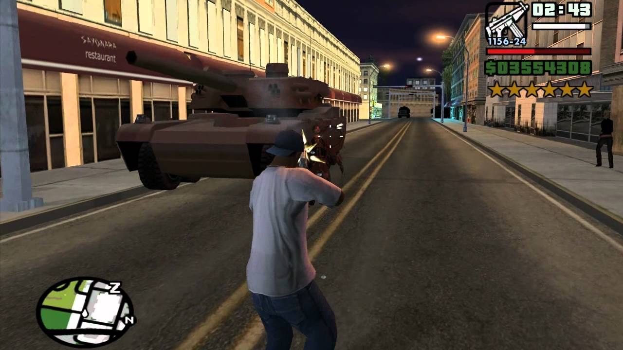 Personagem atirando em tanque de guerra após uso dos códigos de GTA San Andreas