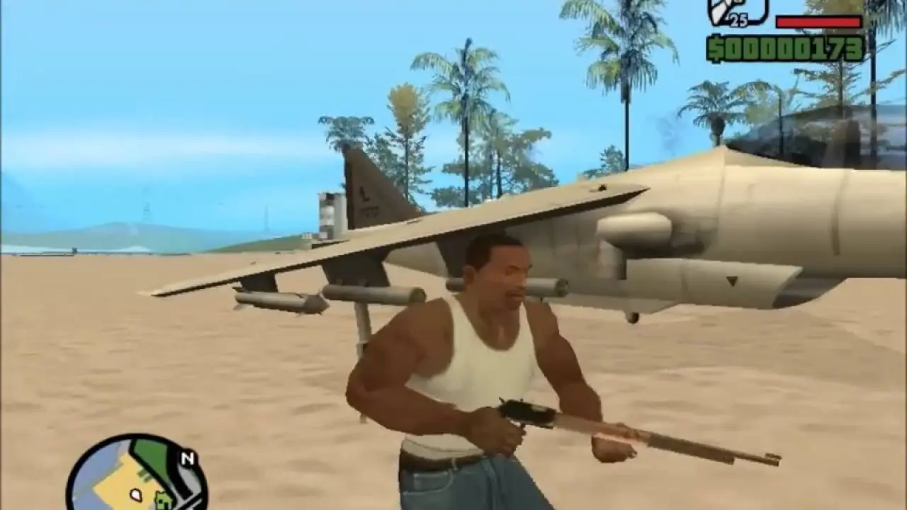 Personagem de GTA San Andreas armado ao lado de um avião de guerra