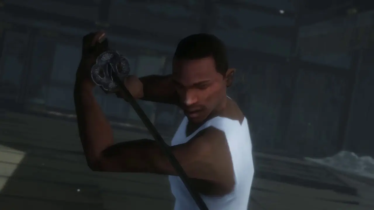 Personagem de GTA San Andreas segura uma espada