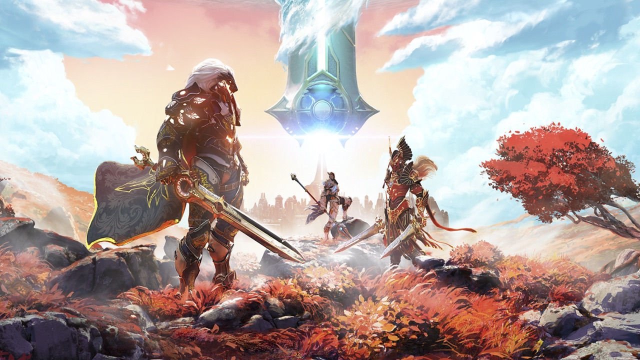 Guerreiros com armaduras douradas em um ambiente fantasioso de Godfall.