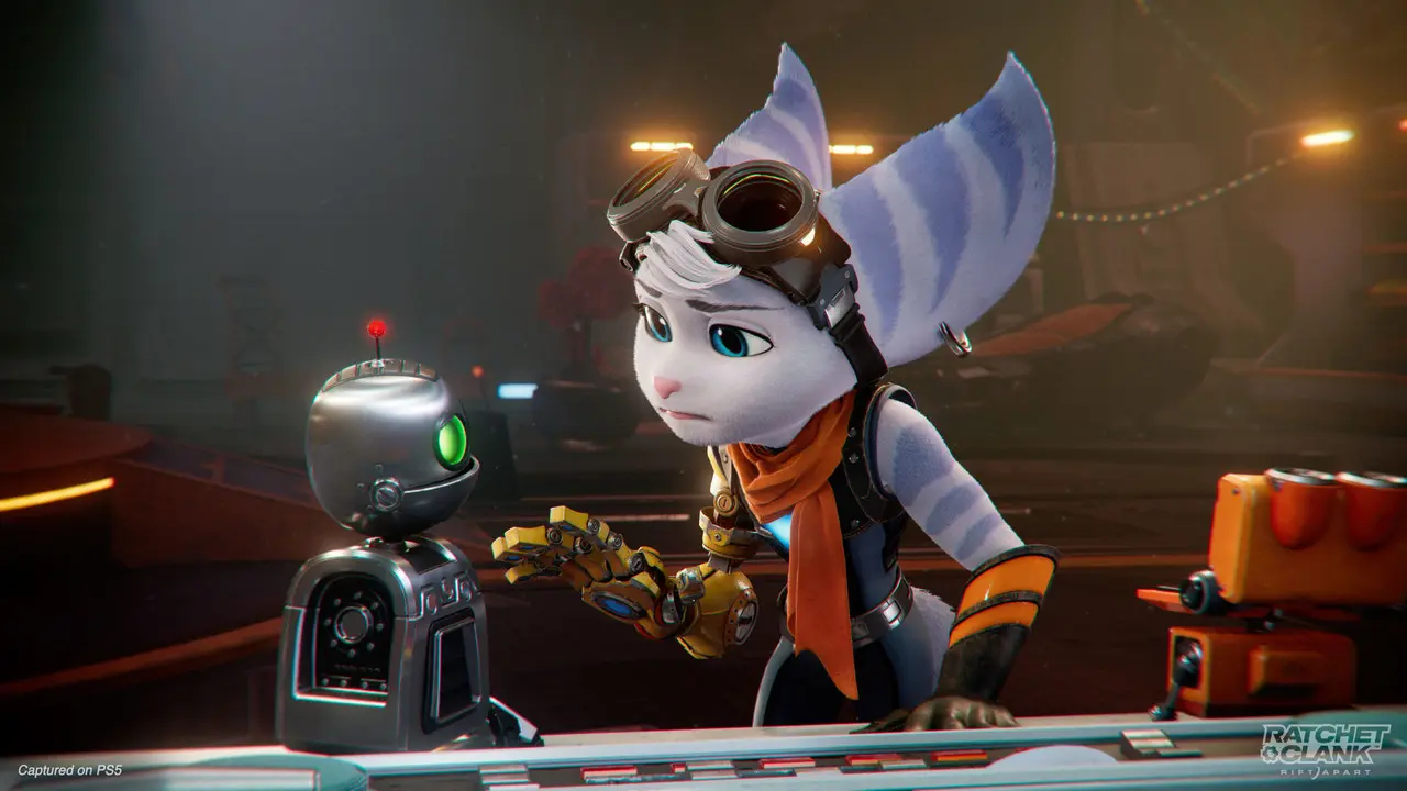 Imagem da nova protagonista do novo Ratchet & Clank com cara de preocupação em uma conversa como robô Clank