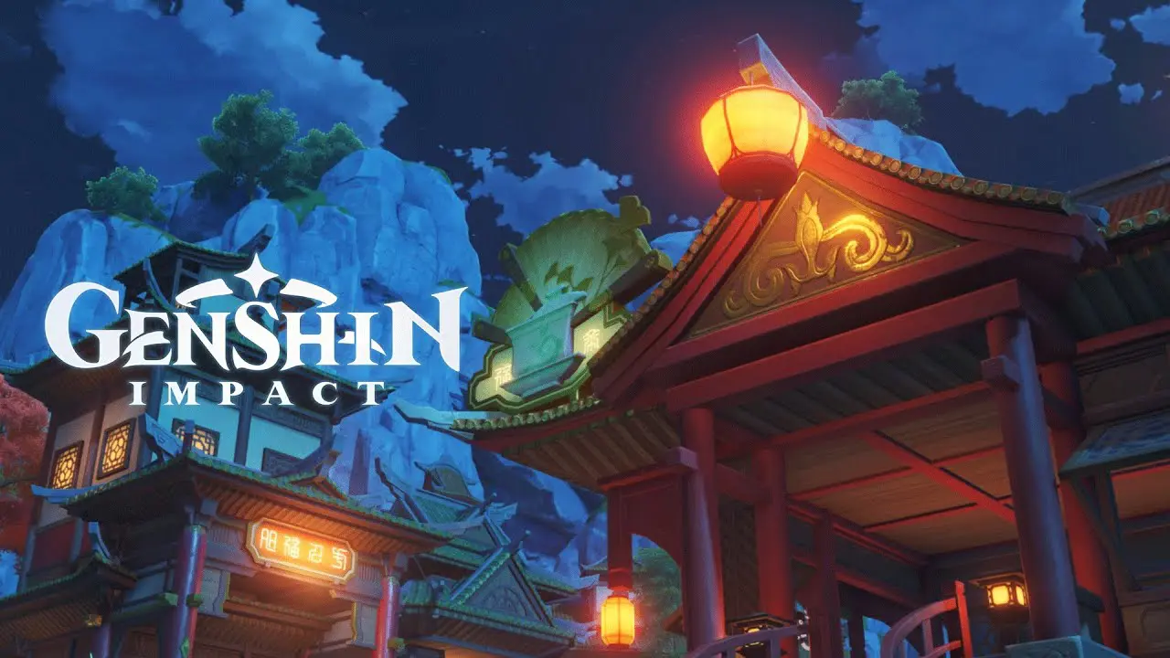 Inazuma - Genshin Impact - A nova região do RPG pode estar chegando. Casas em estilo oriental com lanternas acesas