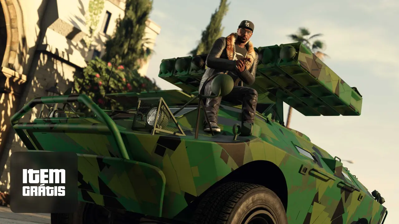 Imagem de capa de um personagem de GTA Online sentado em um tanque de guerra e batendo palma