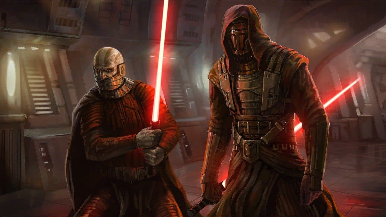 Personagens do lado negro da força usando sabres de luz vermelho em arte de Knights of The Old Republic