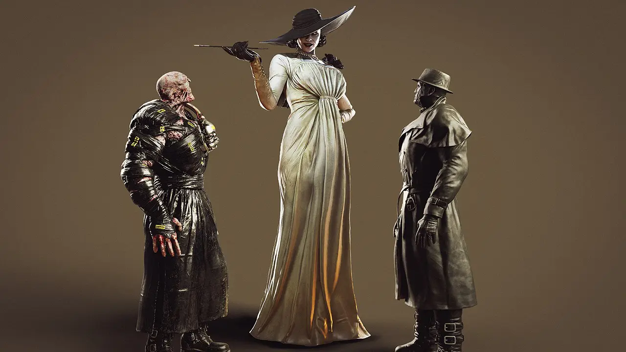 Nemesis, Mr. X e Lady Dimitrescu, nova vilã de Resident Evil Village, comparando a altura com os outros dois monstros.