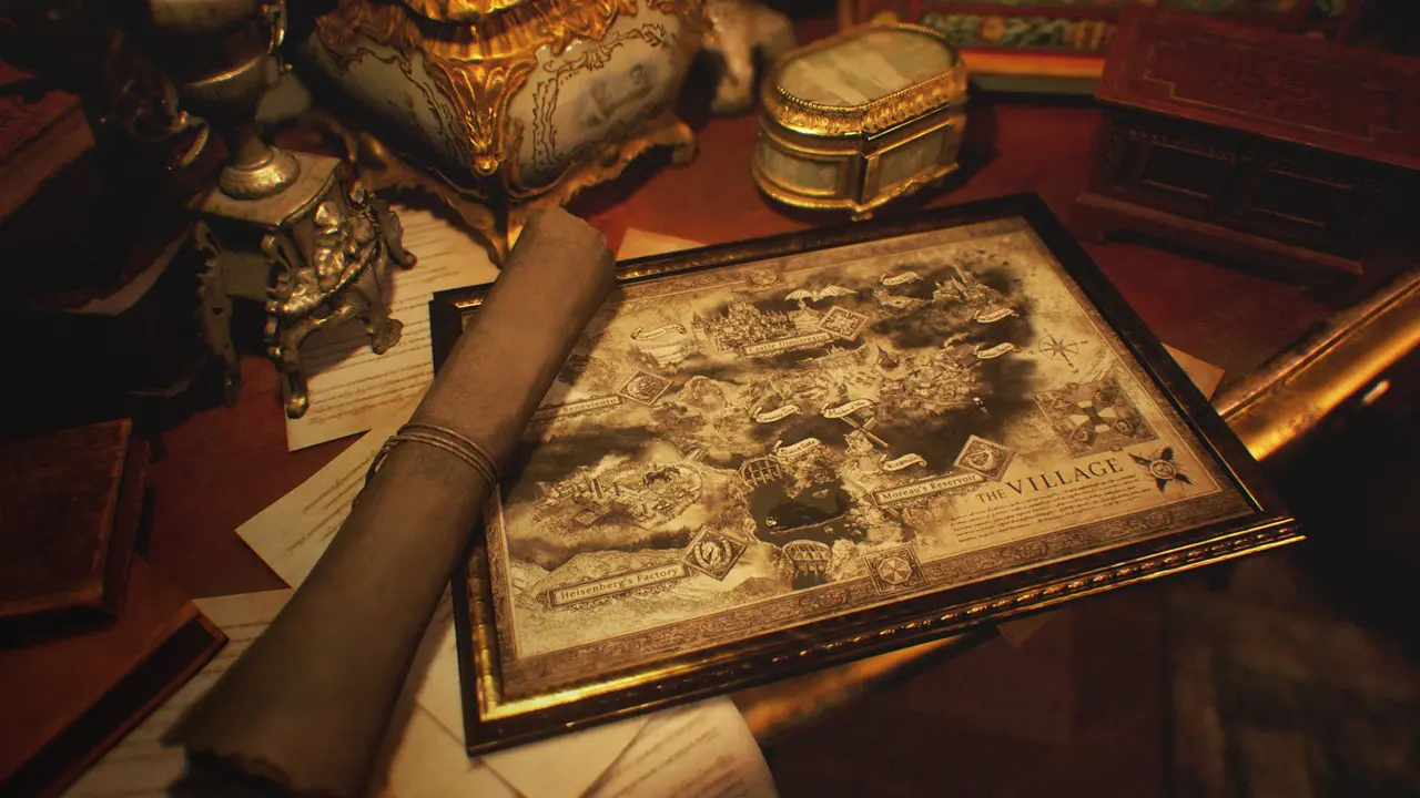 Mapa Resident Evil Village em cima de uma mesa.