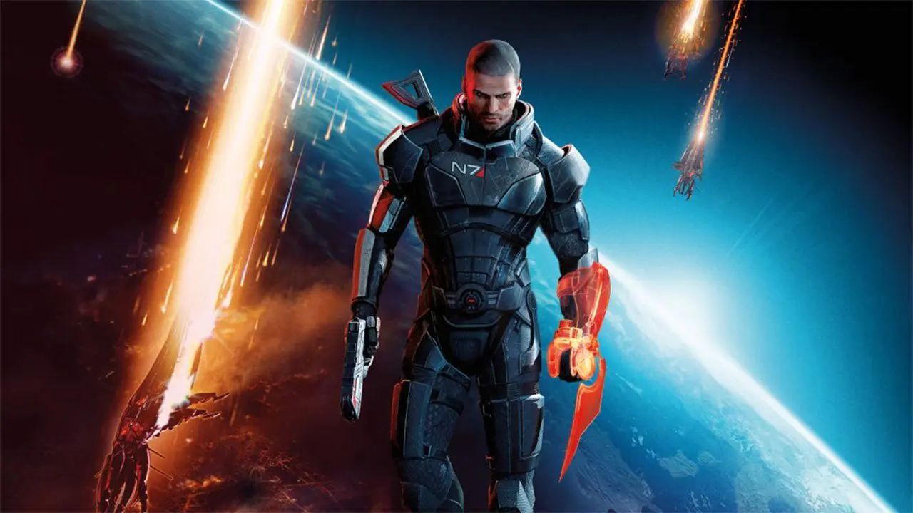 Imagem de capa com o protagonista de Mass Effect Legendary Edition com um planeta ao fundo e naves caindo
