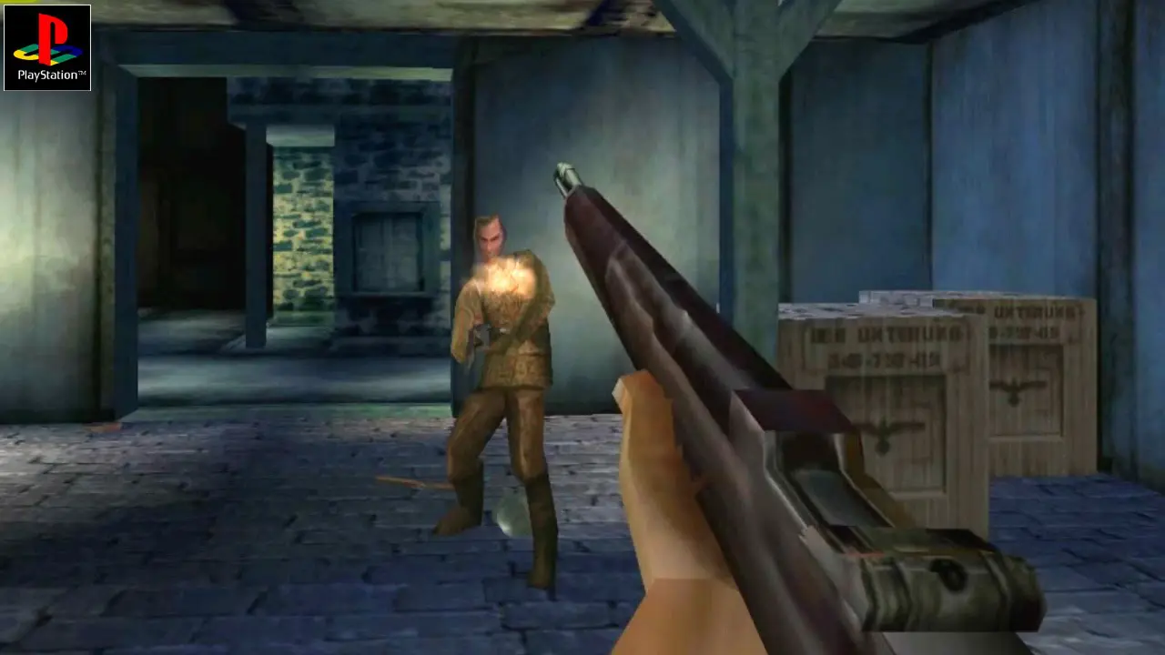 Medal of Honor - 10 melhores jogos de PlayStation 1 - Jogador com arma mirando em inimigo durante jogatina