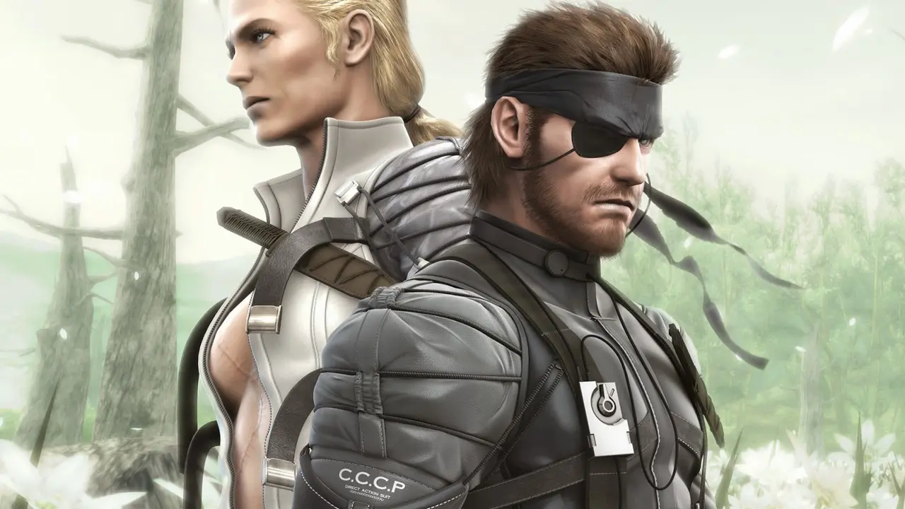 Imagem de Metal Gear 3 Snake Eater, jogo de PlayStation 2, com Naked Snake e a personagem The Boss, com fundo verde claro.