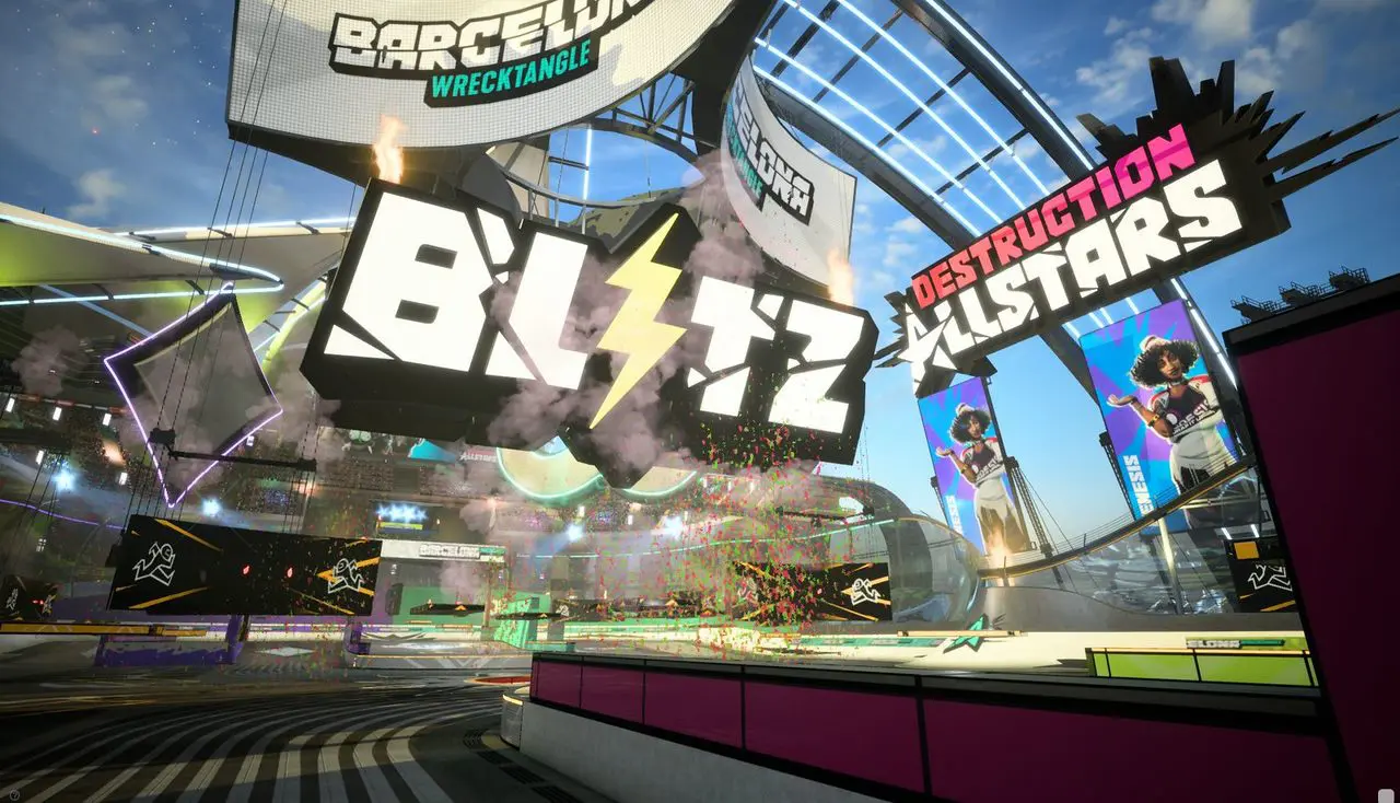 Imagem do modo Blitz de Destruction AllStars com uma pista ilustrando a foto, a logo do jogo e diversos componentes do cenário do game
