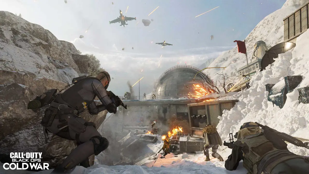 Imagem de capa do novo mapa da 3ª temporada de Warzone e Cold War com soldados armados, aviões de guerra e explosões