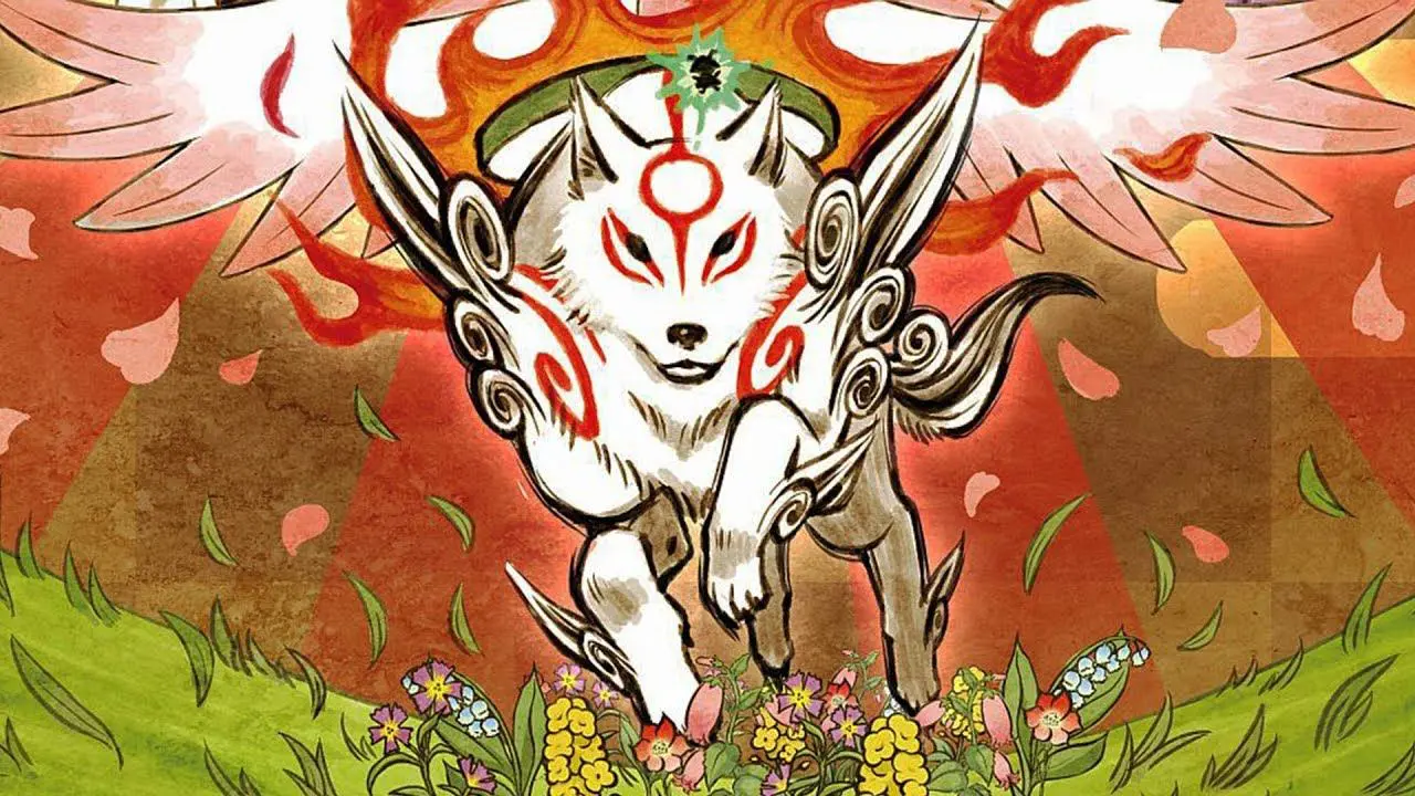 Okami, jogo de PlayStation 2, apresentando a raposa da mitologia japonesa com fundo colorido.
