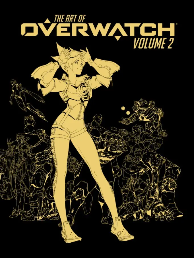 Capa da edição deluxe do novo artbook de Overwatch, com personagens desenhados em dourado e fundo preto.