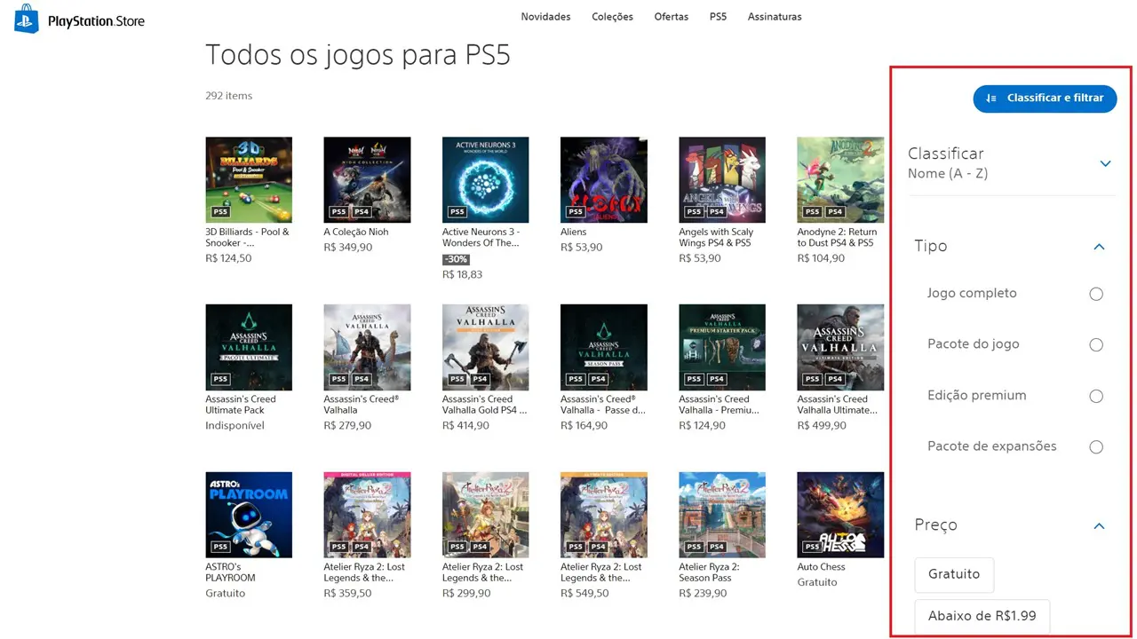 Página da PS Store com vários jogos da plataforma e a nova opção de filtragem.