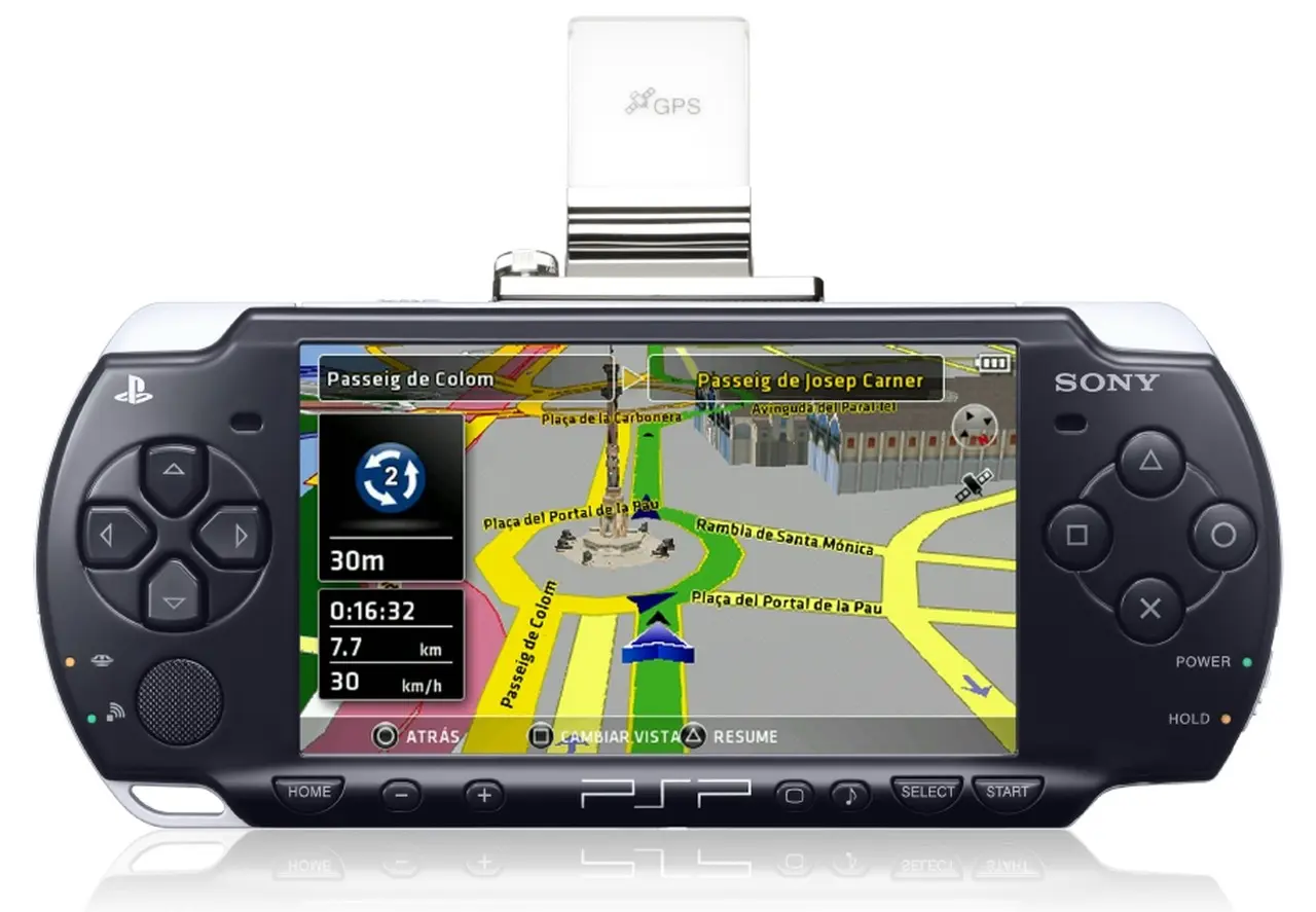 Imagem de um PSP com um conector GPS