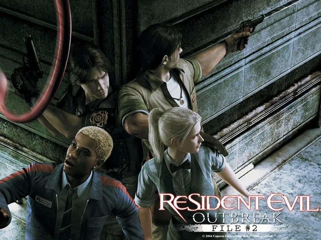 Personagens de Resident Evil Outbreak, jogo de PlayStation 2, em posição de alerta esperando o ataque inimigo.