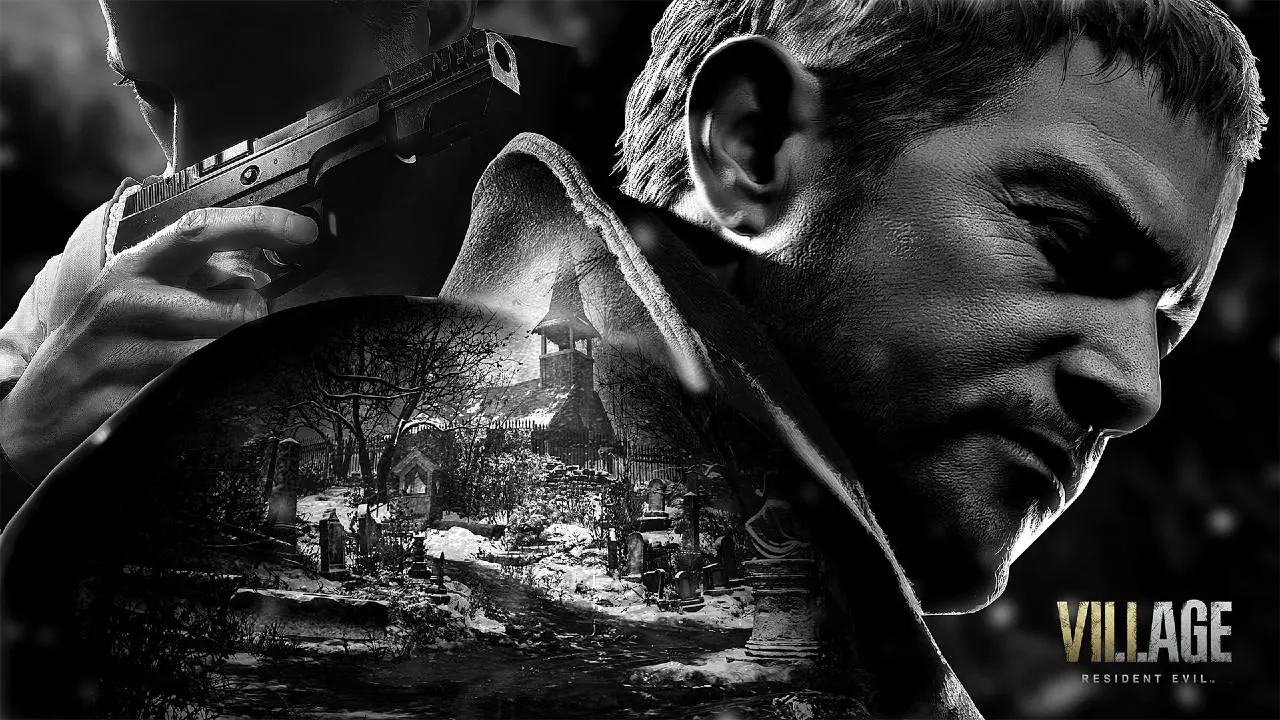 Chris Redfield e Ethan Winters de Resident Evil Village em uma imagem preta e branca com o vilarejo ao meio.