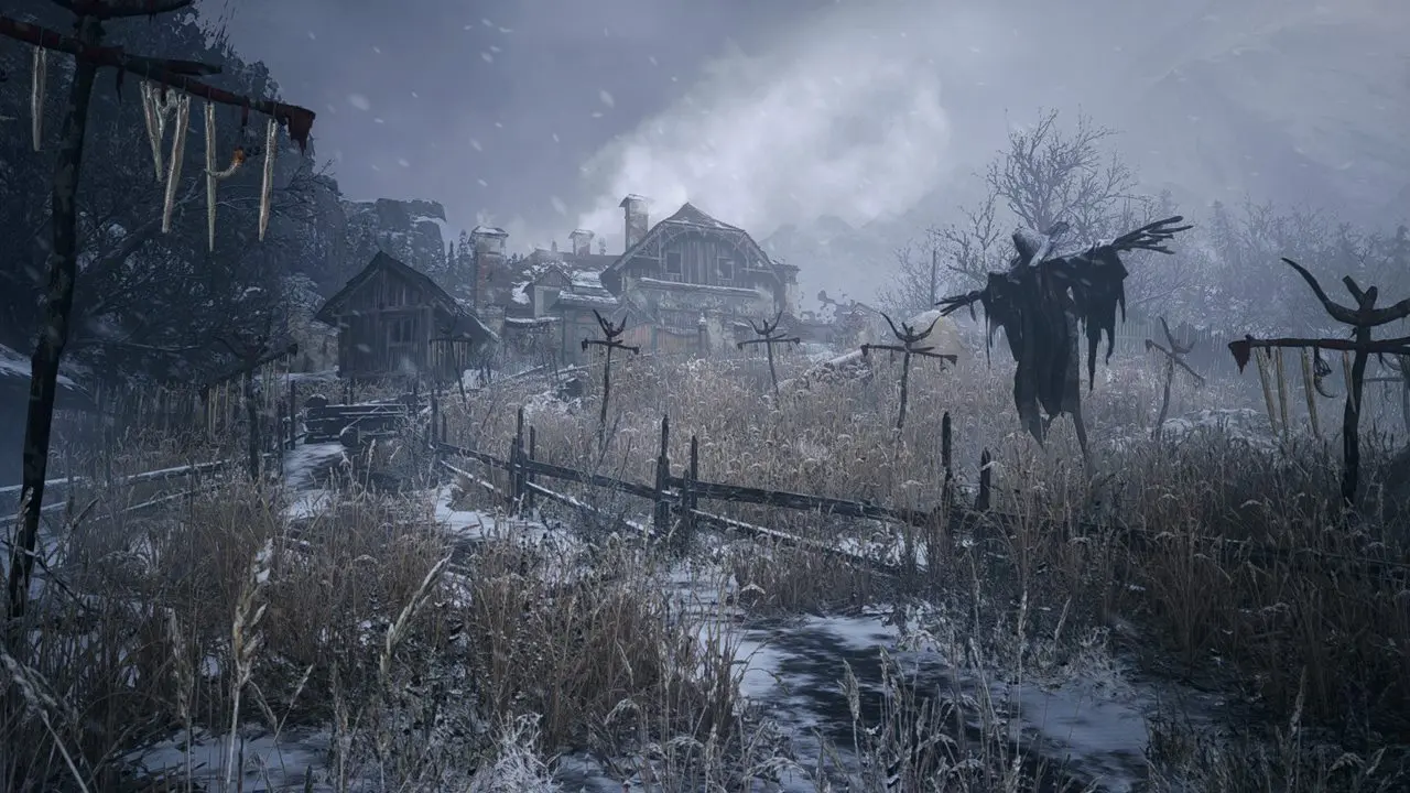 Campo de trigo nevado no vilarejo de Resident Evil Village