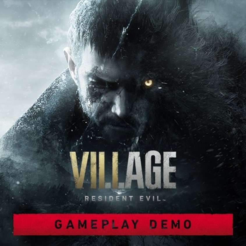 Chris em capa promocional de Resident Evil Village escrita "gameplay demo" em vermelho.