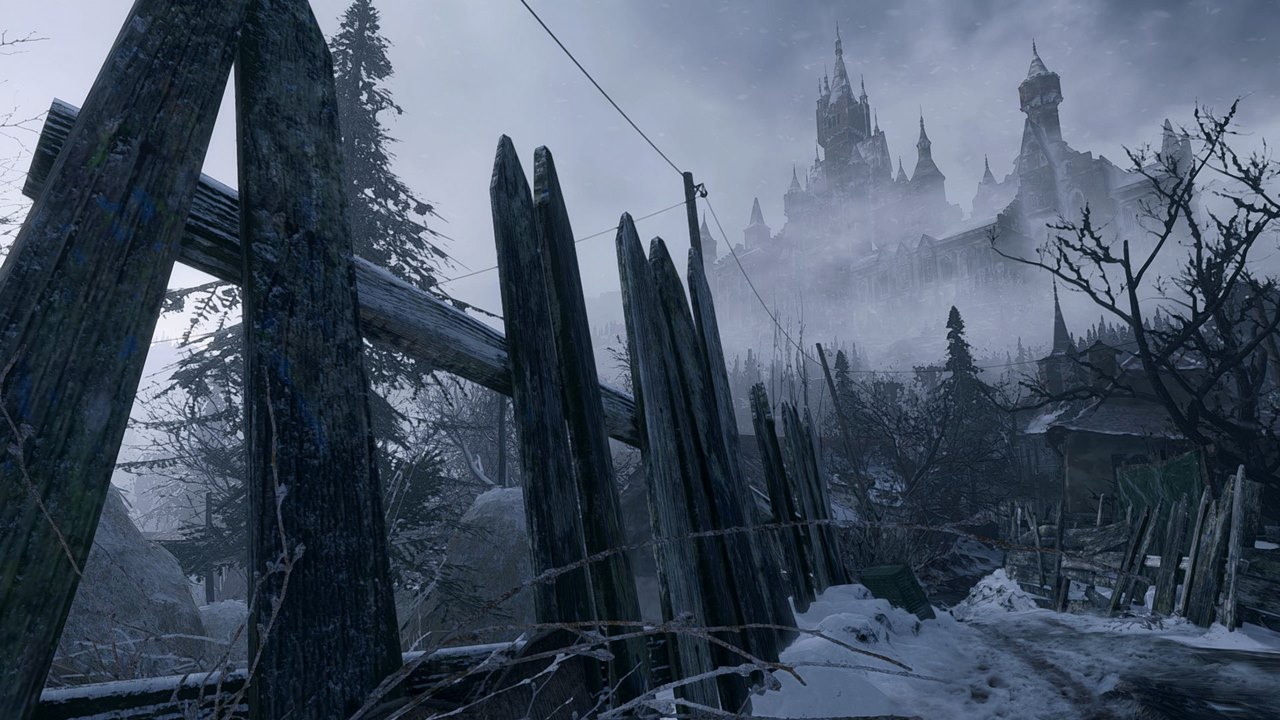 Vilarejo nevado em Resident Evil Village.