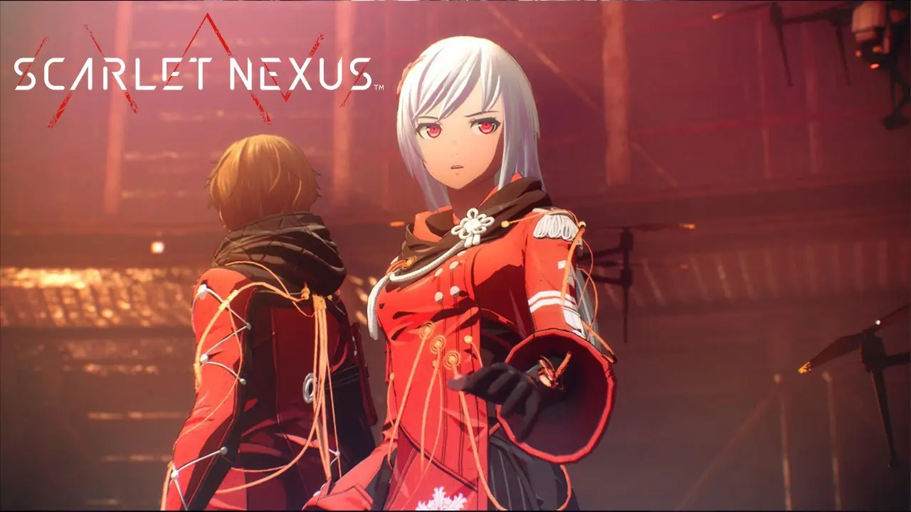 Imagem de capa da protagonista Kasane do jogo Scarlet Nexus, com a logo do game ao lado