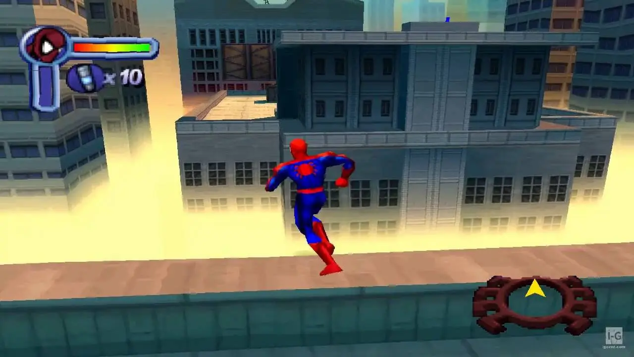 Spider Man PlayStation 1 - Homem Aranha correndo em cima de um edifício