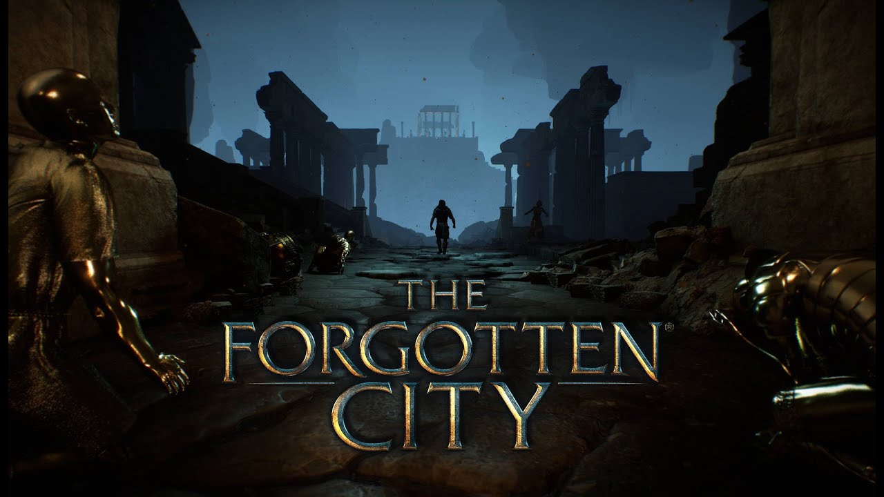 Imagem de capa com uma cidade à noite e a logo do jogo The Forgotten City, além de duas estáruas de ouro ilustrando a foto