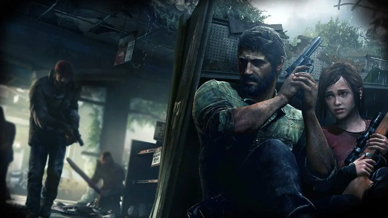 Joel e Ellie de The Last of Us entocados e armados enquanto inimigos se aproximam.