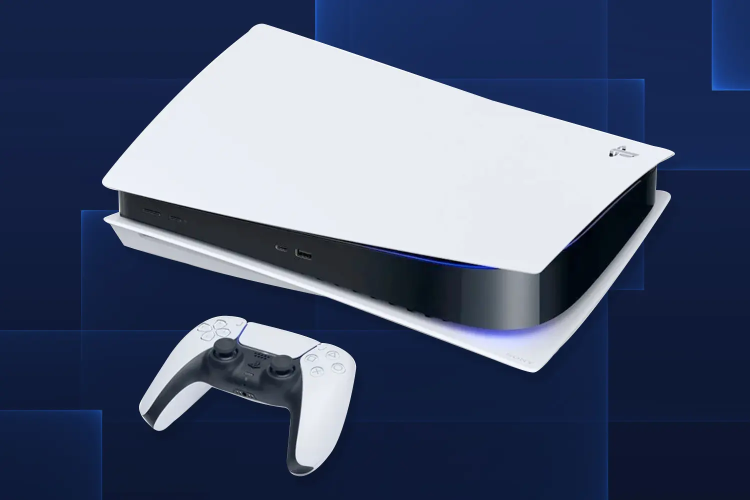 Console PS5 com dualsense e fundo azul escuro.