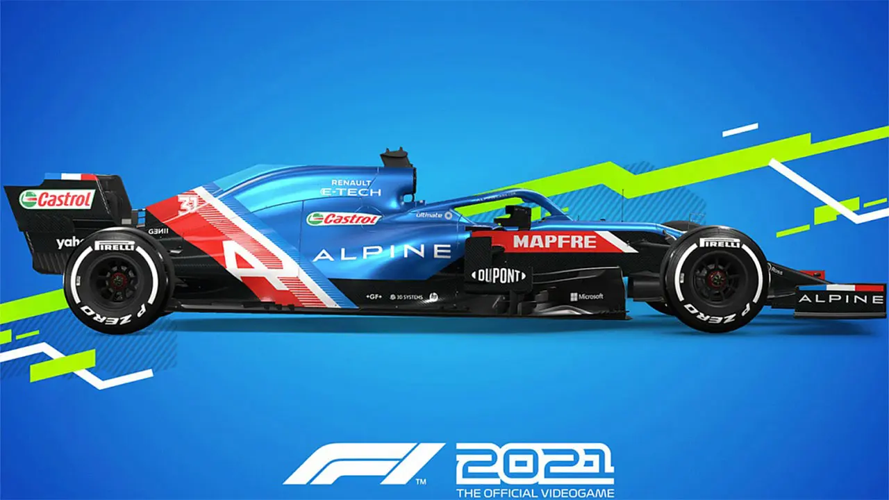 Carro de F1 2021 com pintura azul e vermelha e patrocinador estampados. Fundo Azul com a logo do novo jogo.