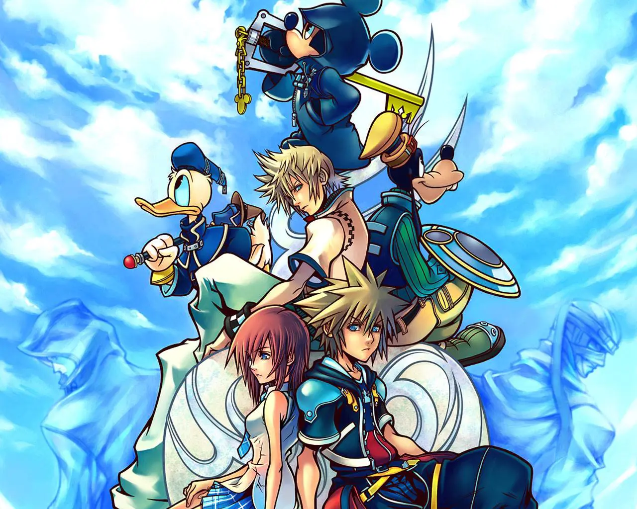 Kingdom Hearts II, jogo de PlayStation 2, capa com os personagens da franquia em plano triangular e fundo azul cheio de nuvens.