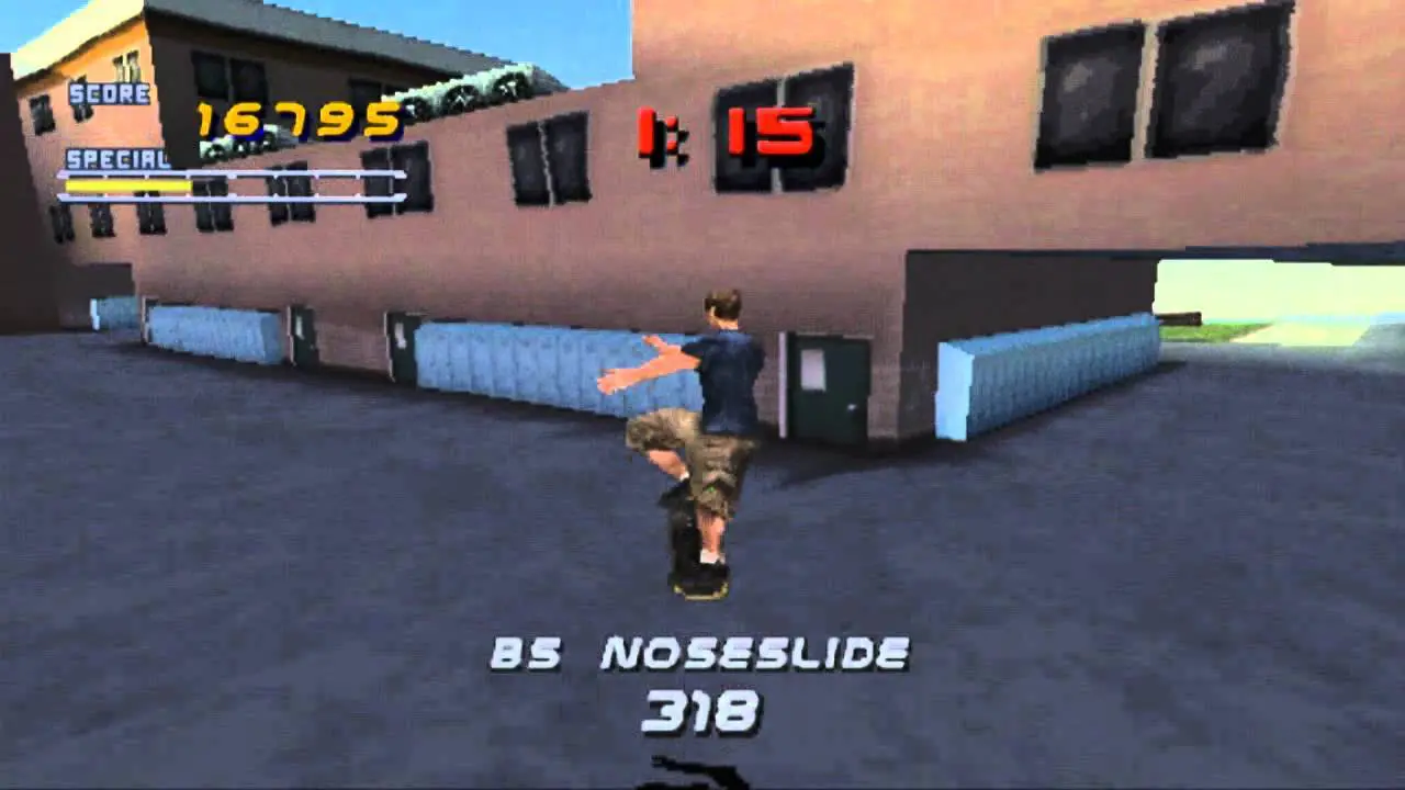 THPS - PlayStation 1 - Jogador voando no skate enquanto manda manobra