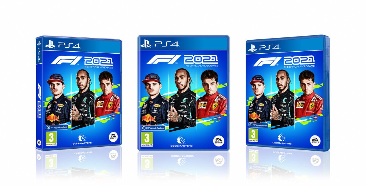 Imagem das capas de F1 2021 no PS5 com os pilotos Lewis Hamilton, Max Verstappen e Charles Leclerc