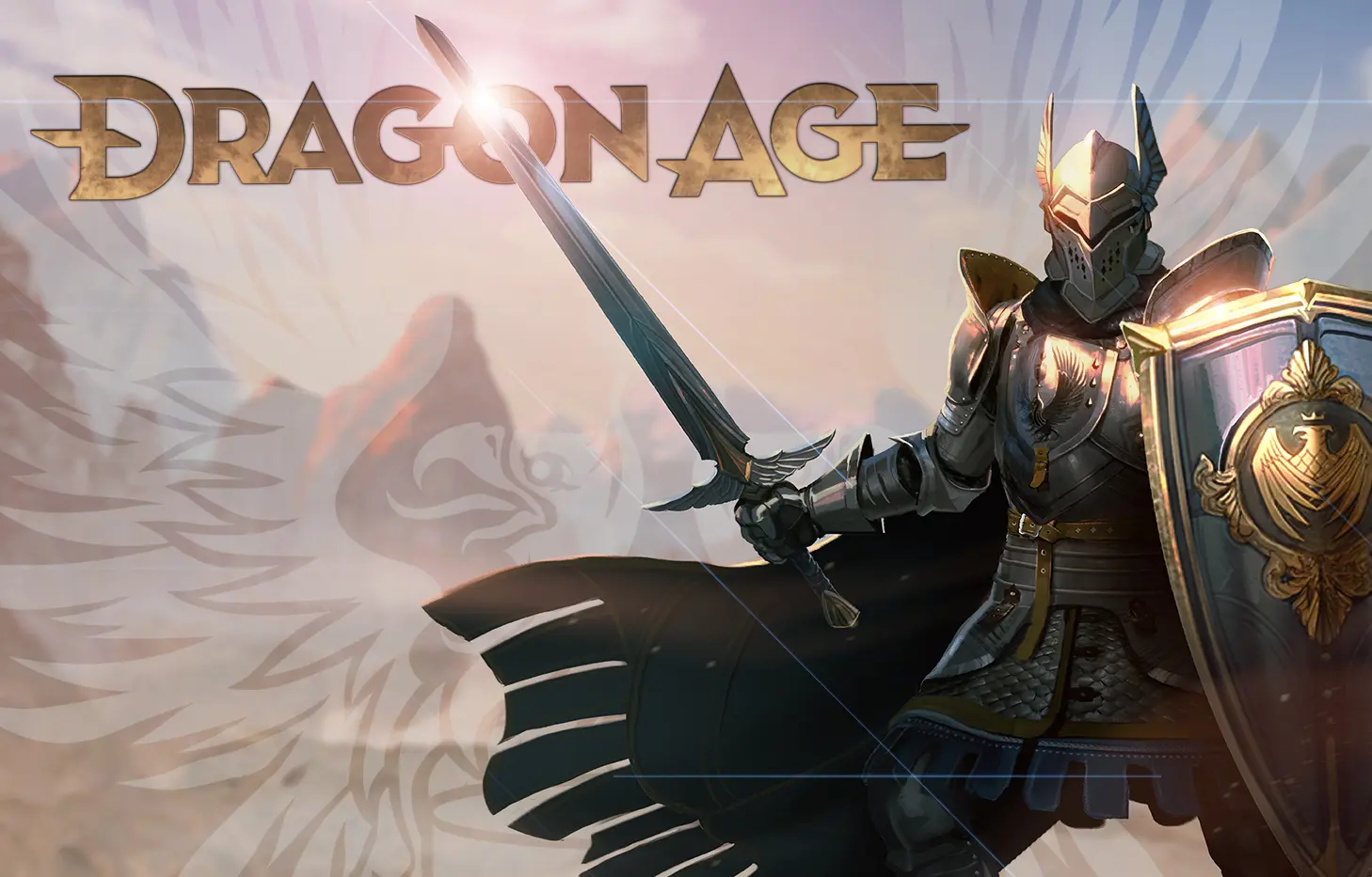 Imagem que tem um cavaleiero segurando um escudo e uma espada na frente que fará parte do novo Dragon Age