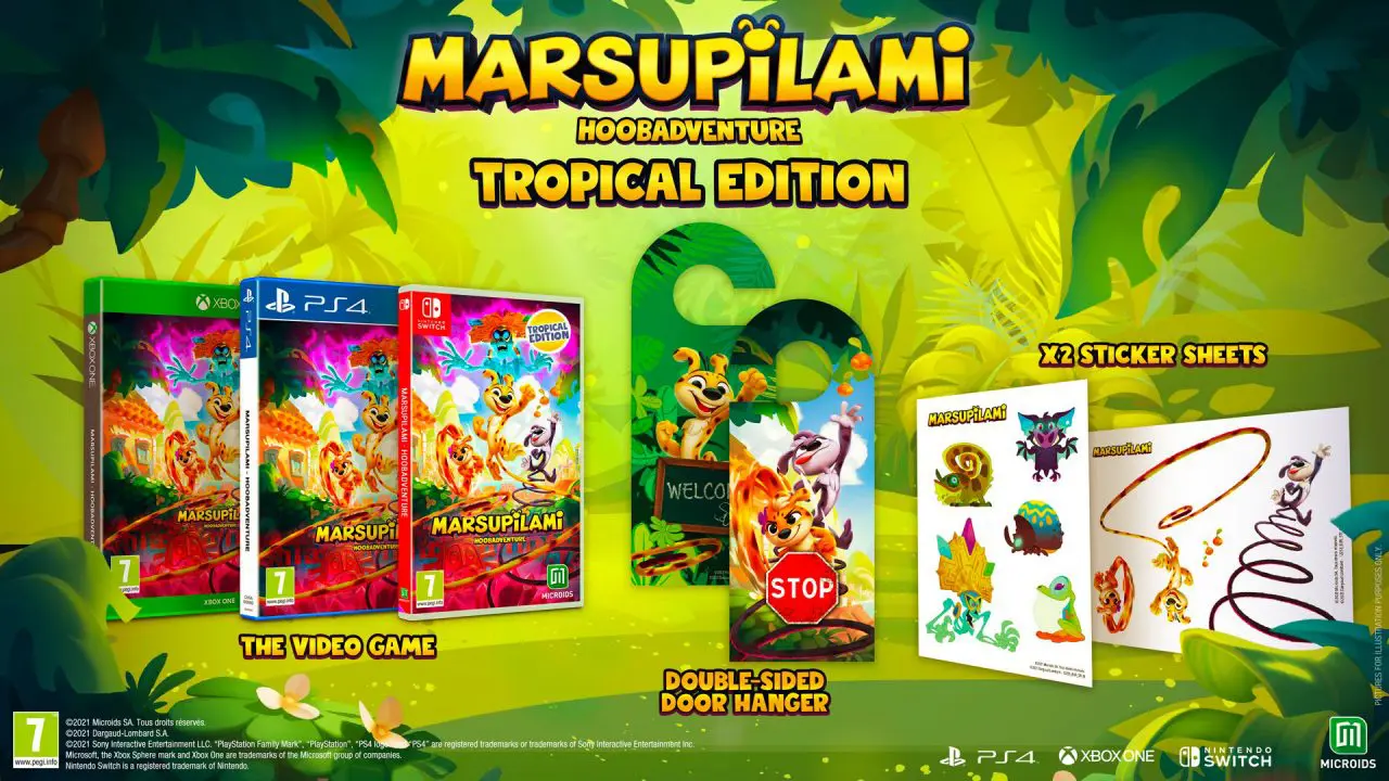 Imagem da edição Tropical de Marsupilami: Hoobadventure com a mídia física do jogo e outros itens da versão