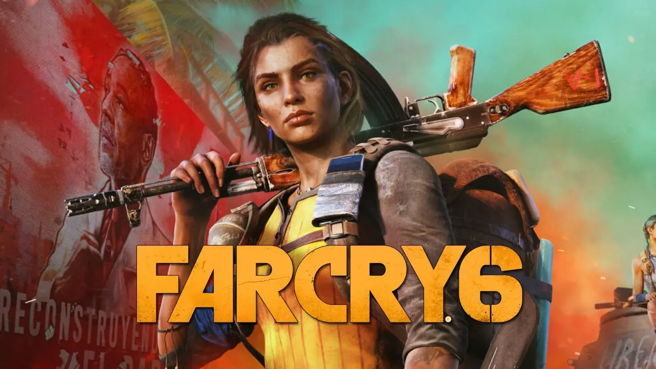 Imagem de capa do jogo Far Cry 6 com a protagonista Dani Rojas em destaque apoiando uma arma em seu ombro e a logo do game na frente