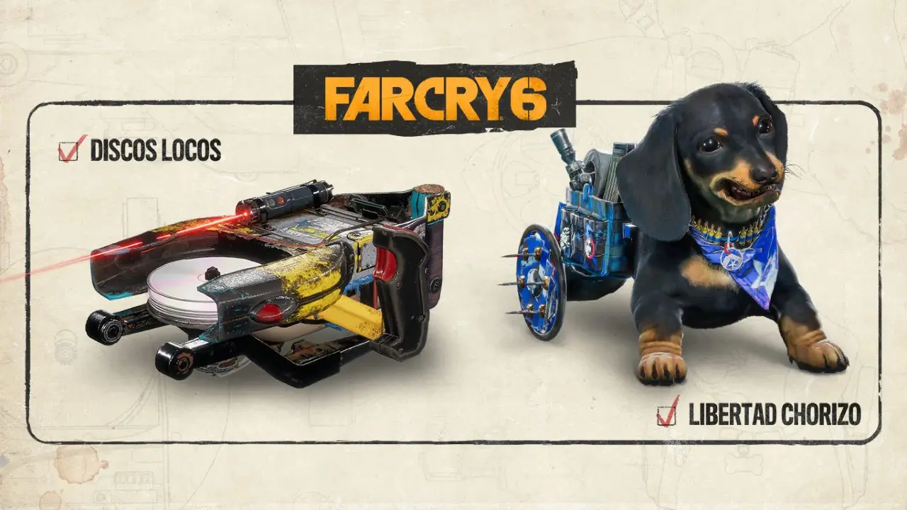 Far Cry 6: itens da pré-venda com lançador de discos e skin para o cachorrinho Chorizo