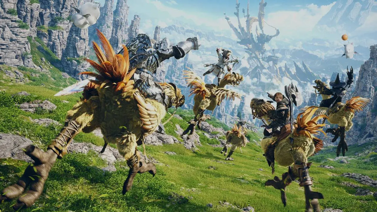 Personagens de Final Fantasy andando em Chocobos num campo aberto.