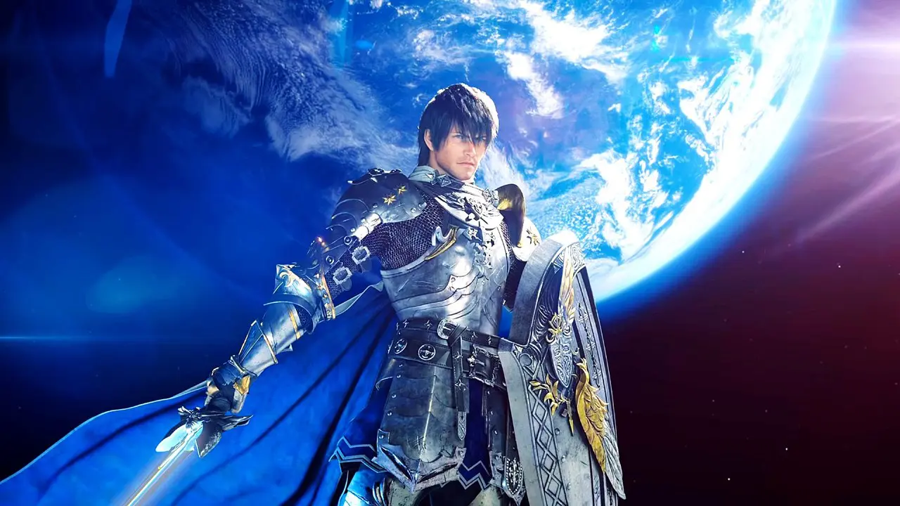 Protagonista de Final Fantasy XIV com escudo e espada em mãos.