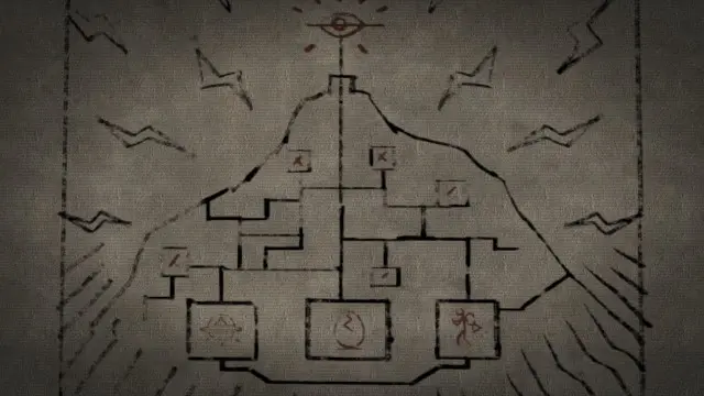 Desenho com símbolos estranhos em uma espécie de montanha.