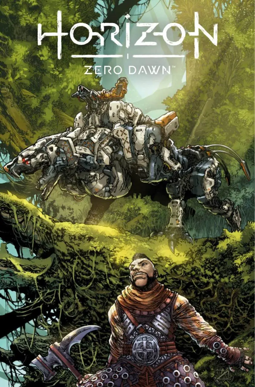 Imagem de uma máquina em uma árvore e o personagem Erand embaixo com um martelo na HQ de Horizon Zero Dawn